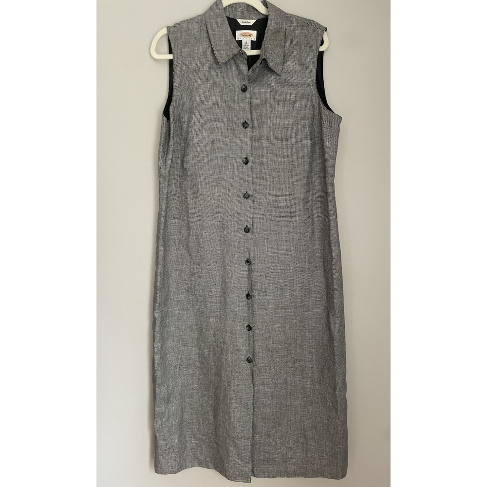 VTG Talbots 16 P Dress Irish Linen Sheath Houndstooth Lined Button‎ Sleeveless